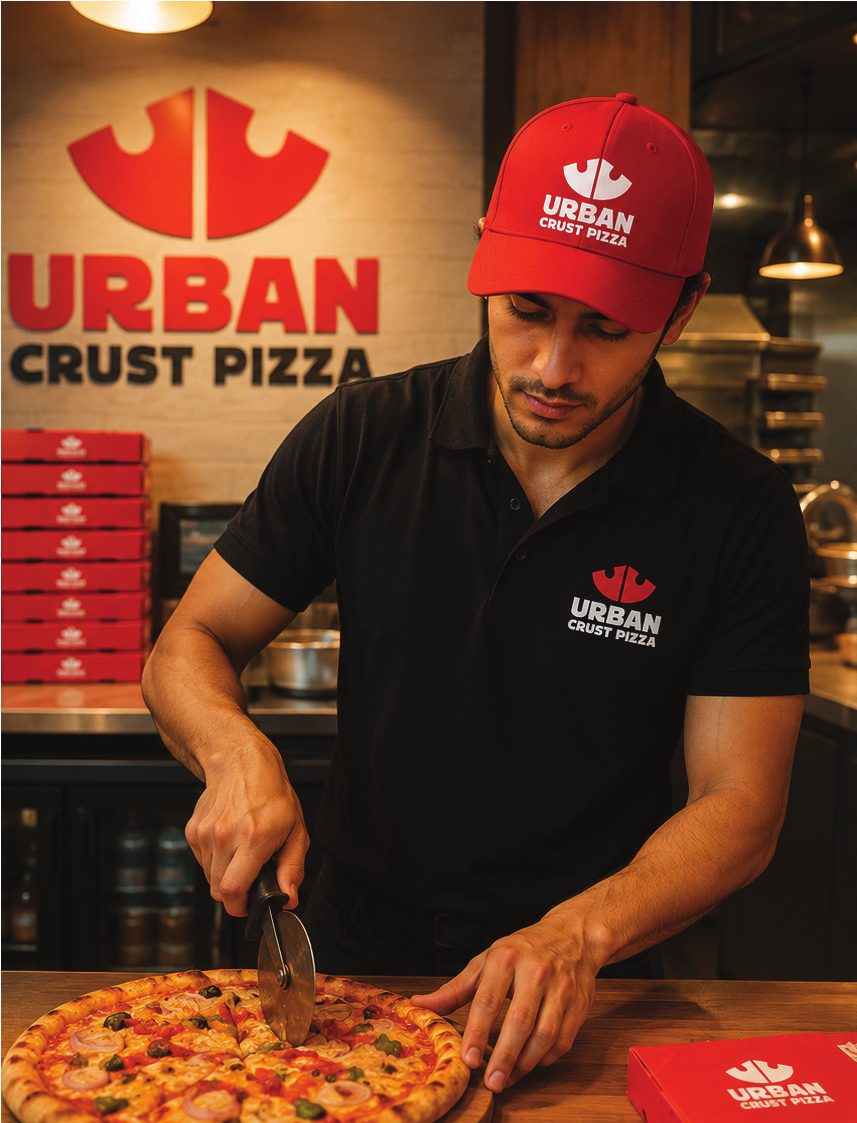 An Urban Crust cook slicing a thin crust pizza
