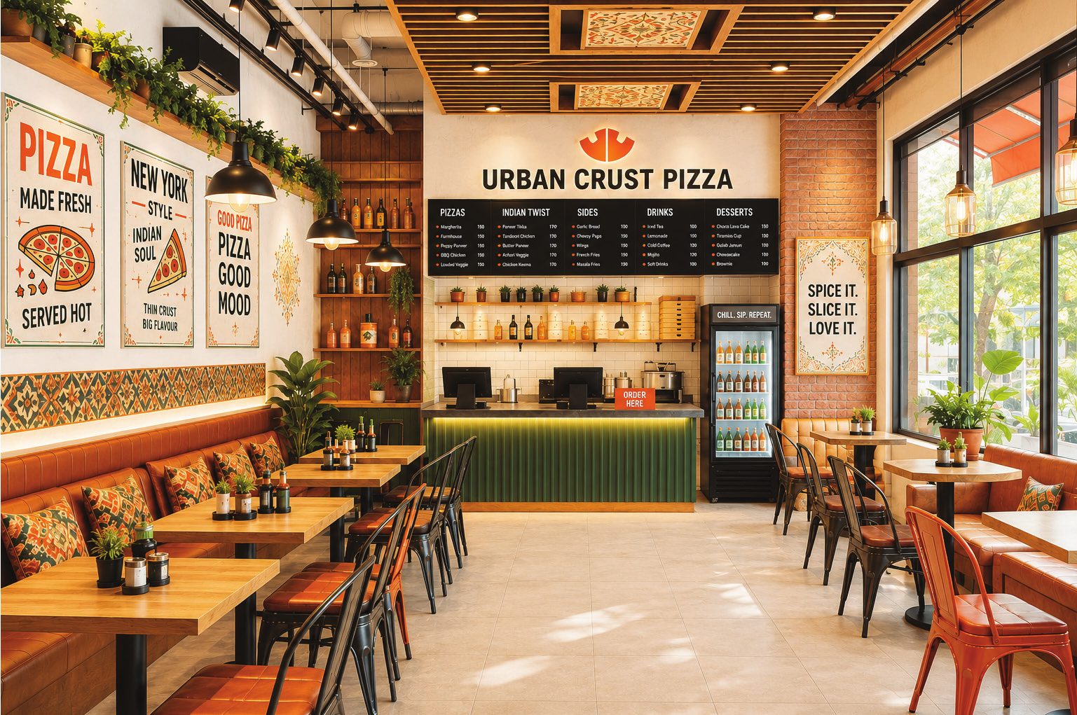 The Urban Crust dining room with an open counter