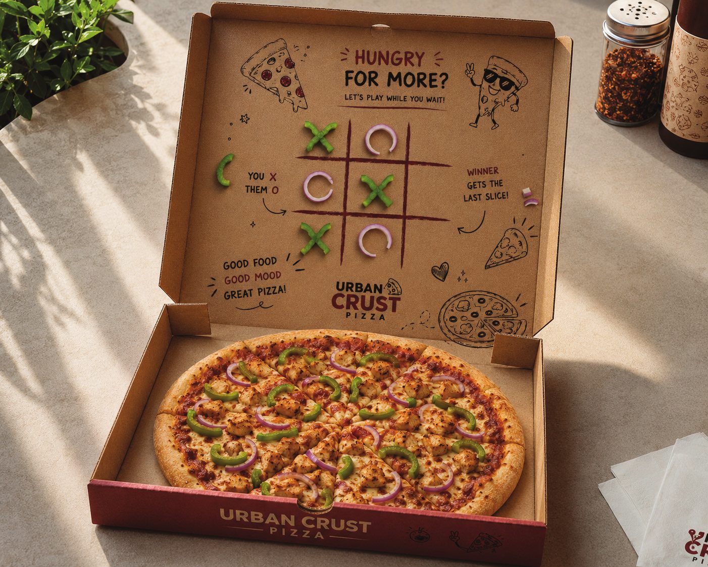 A thin crust pizza in an Urban Crust box