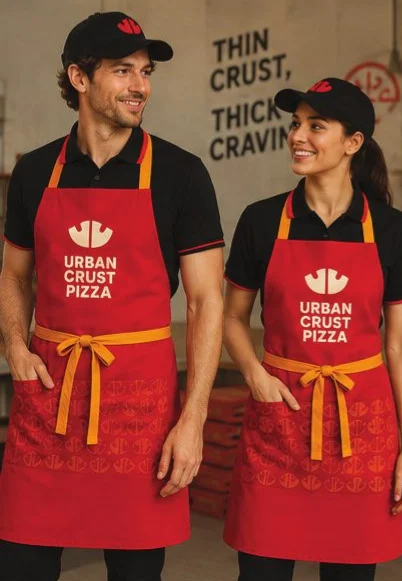 Two smiling Urban Crust team members in red brand aprons and caps
