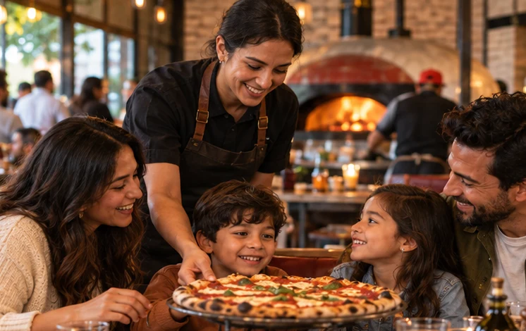 A smiling server sets a fresh pizza down for a laughing family