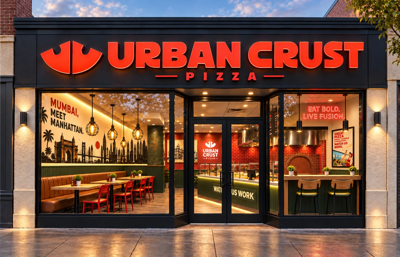 The Urban Crust Pizza storefront at dusk