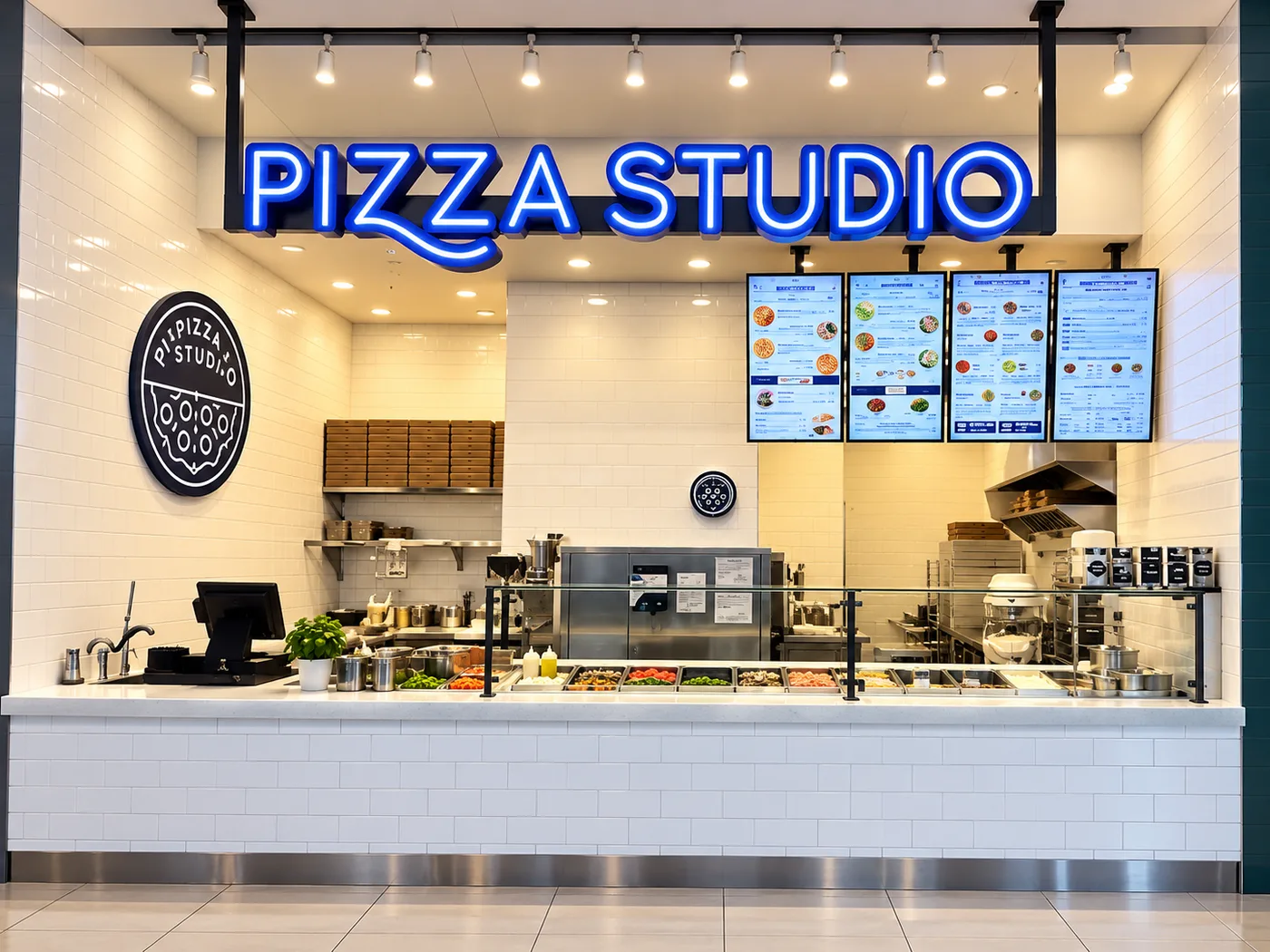 The Pizza Studio counter in the Newport Centre Mall food court