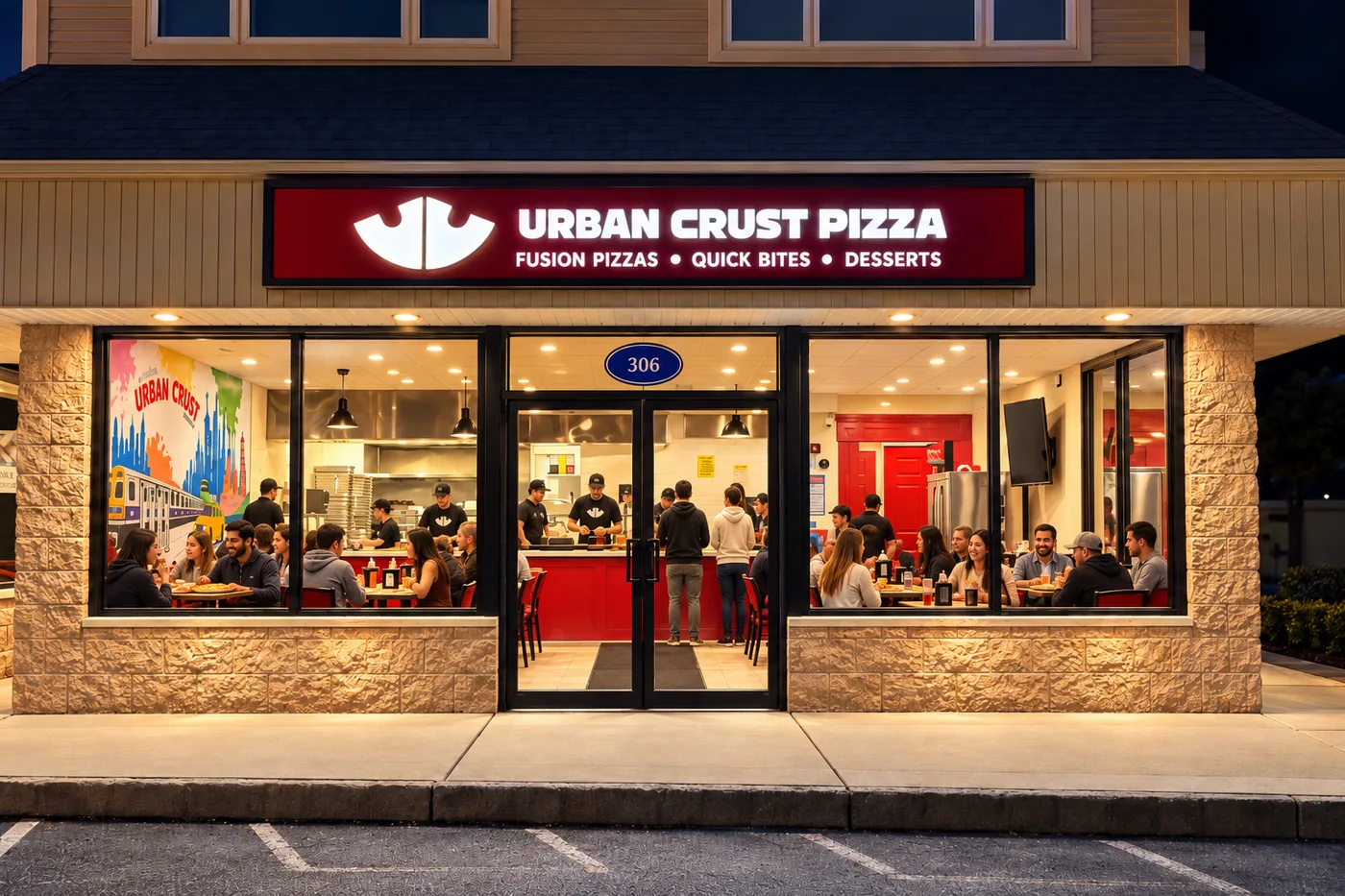 Urban Crust Pizza storefront at night with diners inside